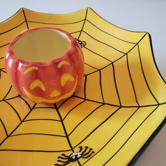 Halloween Pumpkin Spider Web Candy Dish / Chips & Dip Vintage Dennis East Decor - Picture 3 of 8
